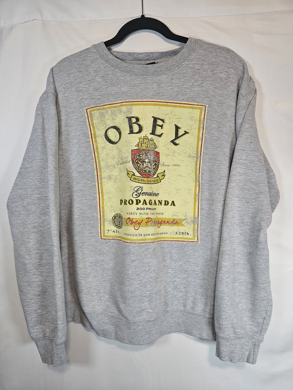 Obey Gray Crewneck Sweatshirt with Yellow Graphic Crest Panel